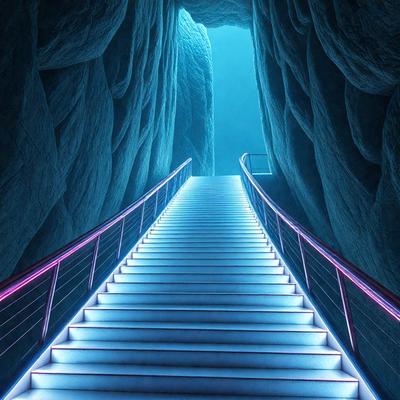 The primary subject of the image is a staircase that leads to a cave. The staircase is illuminated by a blue light, giving it a unique and captivating appearance. The setting is a cave, with the staircase leading to a tunnel or an opening. The visual style of the image is a combination of photo and digital art, creating a surreal and intriguing atmosphere. The dominant colors are blue and black, with the blue light illuminating the staircase and the black background of the cave.